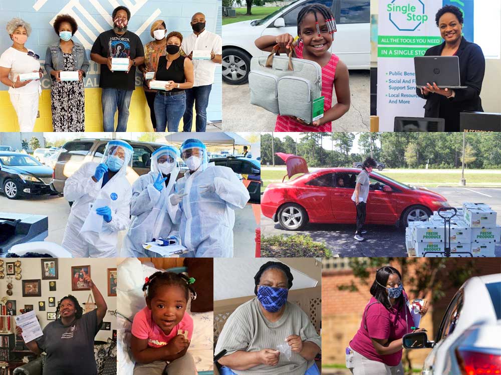 Collage of grantees holding up laptops, certificates, and other results of Women's Foundation of Mississippi grantmaking.